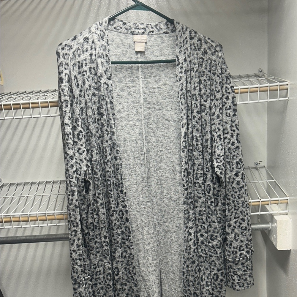 Chico's Gray and Black Leopard Print Open Cardigan